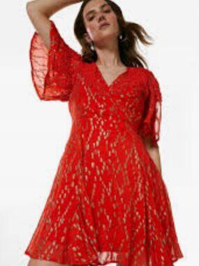 Karen Millen Red Flutter Dress with gold speck and open back in size 12